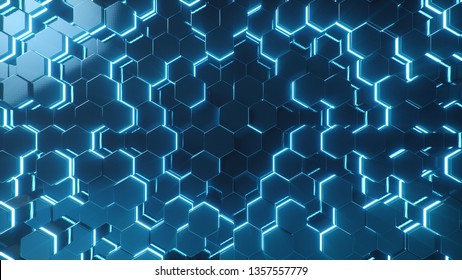 Abstract blue of futuristic surface hexagon pattern with light rays. Blue geometric hexagonal abstract background. 3D illustration