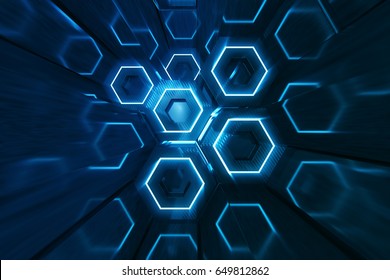 Abstract Blue Of Futuristic Surface Hexagon Pattern, Hexagonal Honeycomb With Light Rays, 3D Rendering