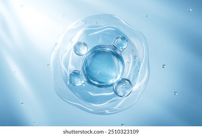 Abstract blue glass spheres, blue cells and molecules, 3d rendering. 3d illustration.