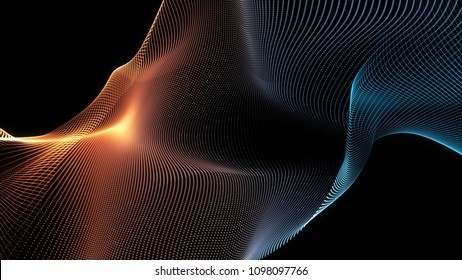 Abstract Blue And Gold Cg Wave Texture With Glowing Defocused Particles. Cyber Or Technology Digital Landscape Background. 3d Rendering