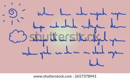 Abstract blue handwriting text pattern illegible script whimsical scribble sun cloud doodle childlike drawing creative background design element playful lines handwritten texture artistic sketch paste