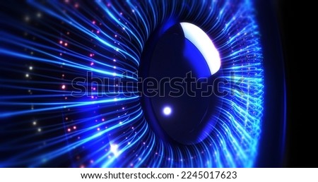 Abstract blue human eye iris explosion. Colorful optical lines forming iris. Futuristic technology concept 3d Illustration render.