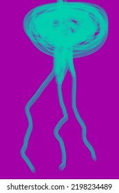 Abstract, Blue Jellyfish On A Crimson Background