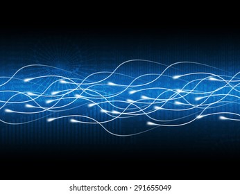 Abstract blue matrix background with waves and figures