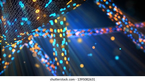 Abstract blue and orange digital binary code matrix background with flare. Futuristic Big data information technology, data center, block chain, server, internet, hi-speed. 3D rendering
