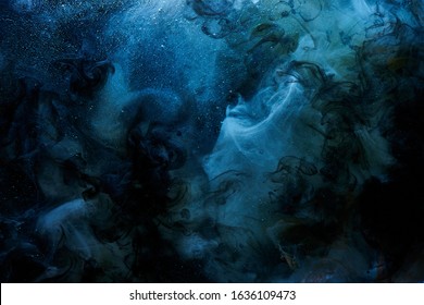 Abstract blue outer space science background. Vibrant colors galaxy sky, ocean, sea. Mystical liquid chemicals smoke, chemistry and biology creative backdrop paper