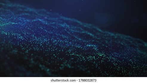 Abstract blue particle ocean waves background with floating particles