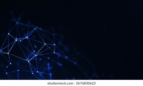 abstract blue polygonal network featuring interconnected geometric shapes, symbolizing modern connectivity and digital technology on a dark backdrop.  futuristic background with plexus of line