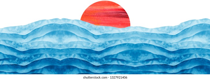 Abstract Blue, Red Watercolor.The Color Splashing On The Paper. Watercolor Splash Stain Pink. Abstract Blot, Background. Watercolor Field. Abstract Suburban Landscape,hill. Sun, Sunrise, Dawn