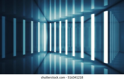 Abstract blue room interior with stripes of neon lights and reflections. Futuristic architecture background. 3d render illustration