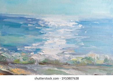 Abstract blue sea background and oil paint  Summer art background  Natural light blue texture the waves  Impressionism in painting  Marine etude  Macrophotography paint strokes Contemporary Art