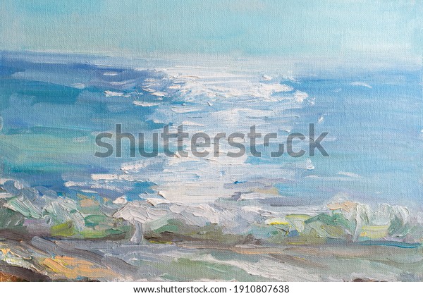Abstract blue sea background with oil paint. Summer\
art background. Natural light blue texture of the waves.\
Impressionism in painting. Marine etude. Macrophotography of paint\
strokes.Contemporary\
Art