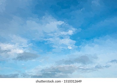 Abstract blue sky with fluffy clouds painted with water color texture background. Digital painting.