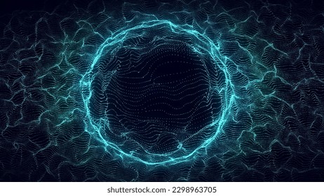 Abstract blue sphere with connecting dots. Wireframe technology sphere of particles. Big data visualization. 3d rendering.