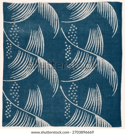Abstract blue textile with white abstract patterns. Textile design with abstract curves and dots on blue fabric. Vintage pattern artwork, old illustration beautiful pattern.
