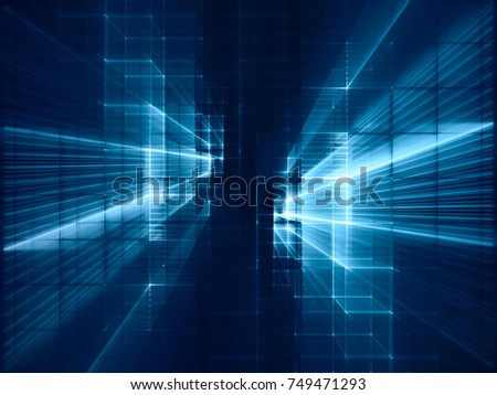 Abstract blue toned background element on black. Symmetry composition of grids and matrix patterns. Detailed fractal graphics. Information technology concept.
