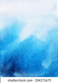 Abstract blue watercolor background. Ink illustration. Imitation water, sky or sea. Omre effect. Hand painted background.