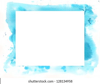 Abstract blue watercolor frame with spots and white space