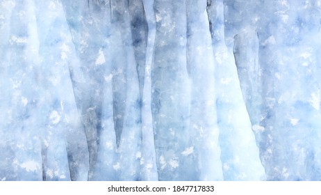 Abstract blue watercolor. Ice texture background, acrylic painting. Frozen water, soils, stalactites. Concept background for ceramic tiles, decor, textiles, postcards, wrapping paper