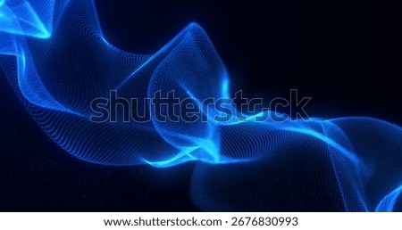 Abstract blue waveform with flowing lines and light particles on a dark background, creating a sense of movement and energy in a digital landscape.  glowing wave from of particles and dots moves 