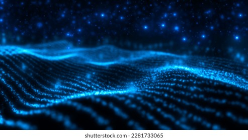 Abstract blue waves lines from particles and dots of energetic magic with glow effect and blur bokeh abstract background