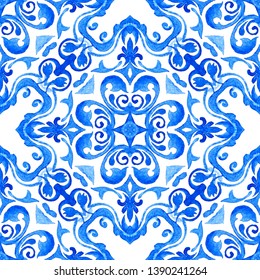 Abstract Blue And White Hand Drawn Watercolor Tile Seamless Ornamental Pattern. Elegant Luxury Texture For Fabric And Wallpapers