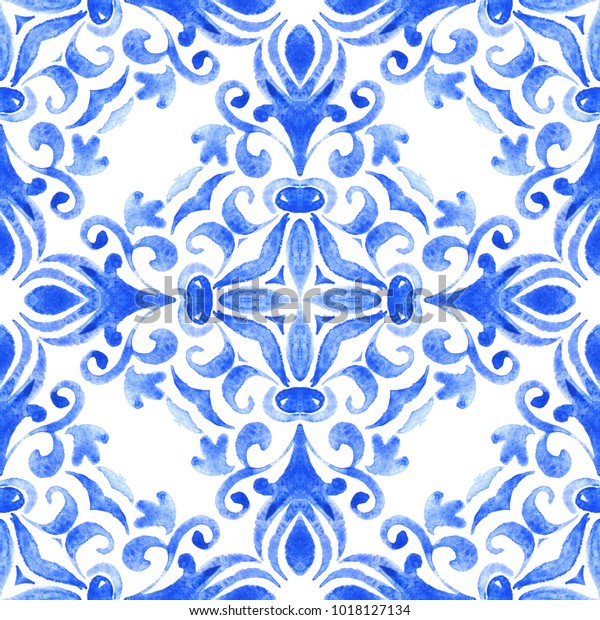 抽象的な青と白の手描きのタイルで、シームレスな装飾用水彩ペイント 