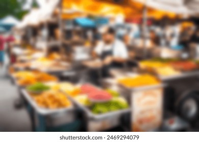 Abstract blurred background illustration. Flavorsome Delights Afloat. Roadside Stalls and Floating Stalls Selling Food, Fresh Produce, Vegetables, Fruits, and Snacks at the Local Market. - Powered by Shutterstock