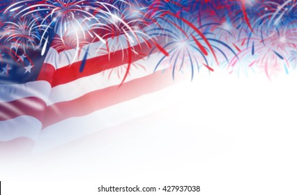 Abstract Blurred Background Of USA Flag And Fireworks