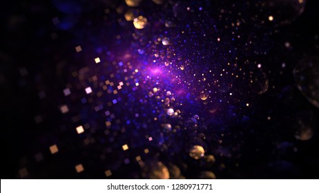 Abstract blurred blue and golden particles. Fantasy colorful holiday sparkle background. Digital fractal art. 3d
