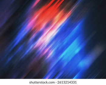 Abstract blurred grainy gradient background texture. Shine blue and red motion light digital grain dust soft noise effect pattern. Lo-fi retro colors. Nostalgia, vintage, 80s, 90s style synthwave