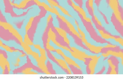 Abstract blurred zebra seamless pattern. Watercolor stains in pastel colors. Blue, orange, pink soft colorful stripes