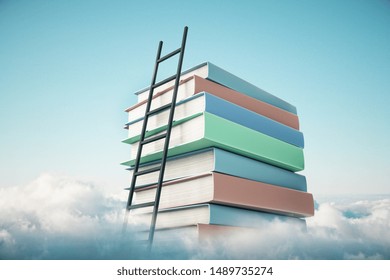 Abstract Book Stack With Ladder On Sky With Clouds Background. Education And Growth Concept. 3D Rendering 