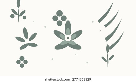 Abstract botanical composition featuring green leaves arranged in a decorative layout with balanced spacing and soft organic flow. The design uses minimal shapes and a muted palette to create a clean and modern natural aesthetic. Ideal for branding, packaging, invitations, stationery and decorative print materials. The composition is versatile and suitable for eco products, wellness brands and contemporary design projects.