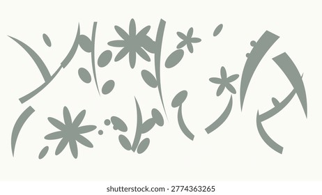 Abstract botanical pattern featuring green leaves and wildflower shapes arranged in an organic flowing composition. The design uses a minimal color palette and hand-drawn style elements to create a natural and artistic look. Suitable for branding, packaging, textiles, wallpaper, stationery and decorative print applications. The composition feels lively yet balanced, making it ideal for eco brands, lifestyle products and creative projects requiring a natural aesthetic.