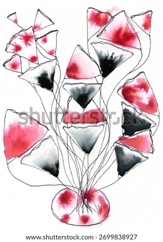 An abstract bouquet created using a mixed technique, combining watercolor washes and delicate, casual graphics. The flowers have triangular or cone-shaped petals.