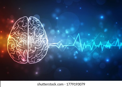 Abstract brain wave concept on blue background technology, Digital illustration of Human brain structure, Creative brain concept background, Concept of Thinking, Innovation background