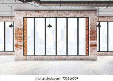 Abstract Brick Warehouse Interior With Windows, City View And Lamps. 3D Rendering 