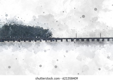 Abstract Bridge In The Sea On Watercolor Painting Background.