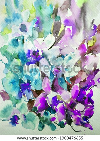 Abstract bright colored decorative background . Floral pattern handmade . Beautiful tender romantic bouquet of spring flowers , made in the technique of watercolors from nature.