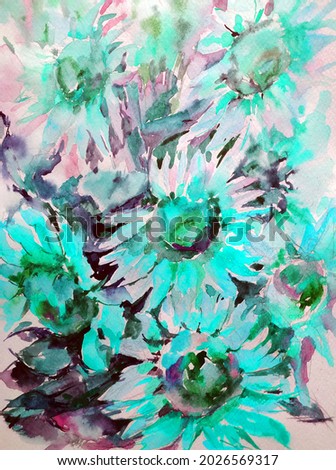 Abstract bright colored decorative background . Floral pattern handmade . Beautiful tender romantic spring bouquet of sunflower flowers, made in the technique of watercolors from nature.