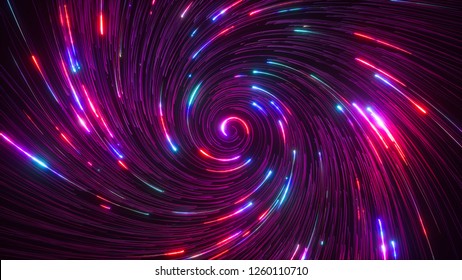Abstract bright creative cosmic background. Hyper jump into another galaxy. Speed of light, neon glowing twisted lines in motion. Beautiful swirls, colorful vortex. Falling stars. 3d rendering