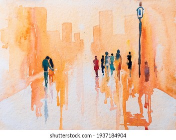 Abstract Bright Creative Image Of New Hope Amongst Pandemic. People Walking Freely In The Futuristic Road With Hand In Hand As Sun Rises Over City Building At The Horizon. Indian Watercolor Art.