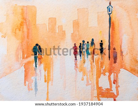 Abstract bright creative image of new hope amongst pandemic. People walking freely in the futuristic road with hand in hand as sun rises over city building at the horizon. Indian watercolor art.