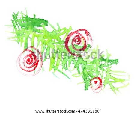 Abstract Bright Green Christmas Tree Branch With Three Red Swirls Painted In Watercolor On Clean Abstract Bright Green Christmas Tree Branch With Three Red Swirls Painted In Watercolor On Clean