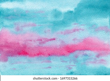 Abstract bright painting pink and turquoise blue cloudscape wet watercolor background, wash technique. Unique sunset candy sky watercolour illustration for travel design, banner, greeting cards