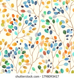 Abstract bright watercolor pattern with colorful leaves spots on branches. Seamless illustration on ivory color background.