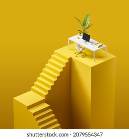 Abstract Bright Yellow Podium With Staircase And White Office Desk On Top. Concept Of Successful Business Career. No People. 3d Rendering
