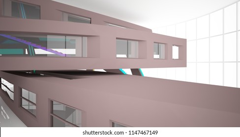 Abstract brown and colored gradient  interior multilevel public space with window. 3D illustration and rendering.