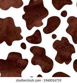 Abstract brown and white cow spots seamless pattern background. Watercolor hand drawn animal fur skin spotted texture. Watercolour textured print for textile, wallpaper, wrapping paper.